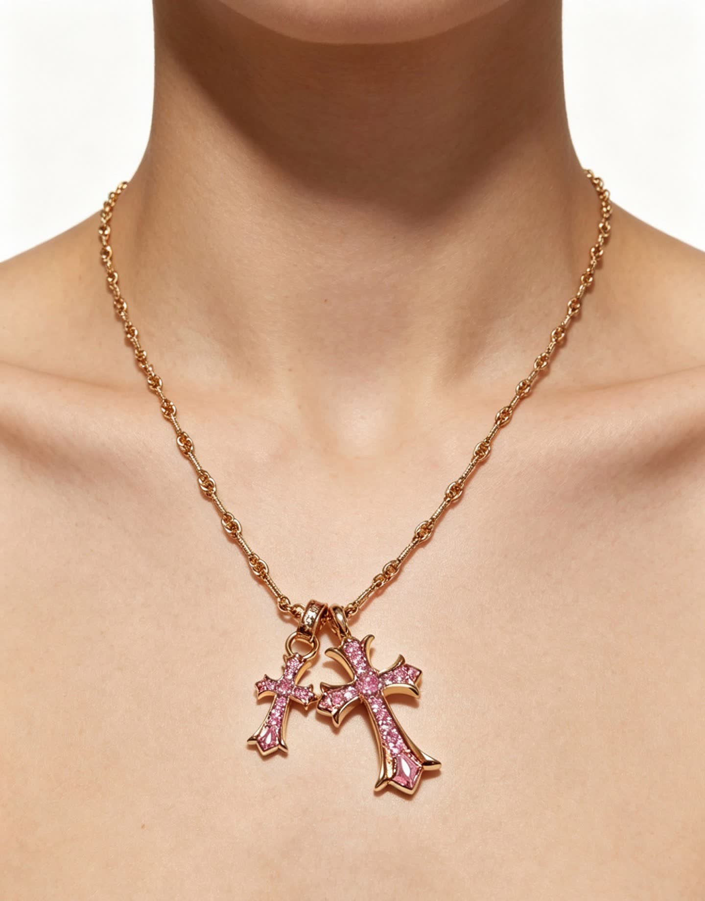 Chrome Hearts Gold Cross Pendant Necklace with Pink Stones